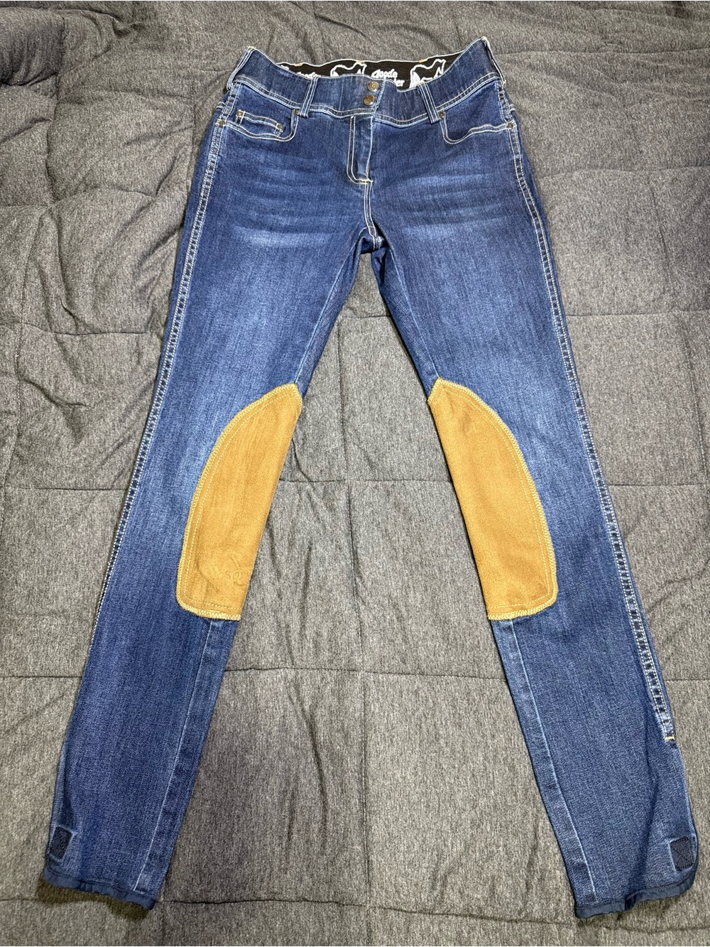 Goode Rider Equestrian Skinny Riding Jeans Size 26L Tan Suede Knee Patch Denim